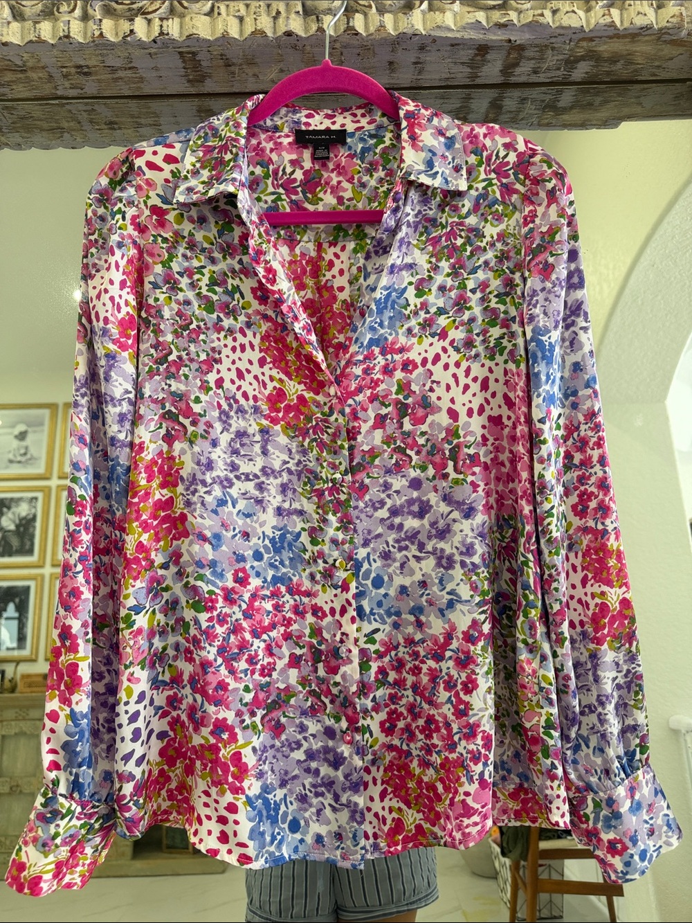 Floral Button-Front Blouse in Pink, Purple & Blue